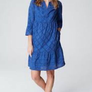 J. Jill Tiered Eyelet Dress SizeXSP  Amalfi Coast Blue NWT! Pockets 100% Cotton